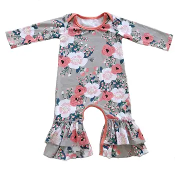 

wholesale bulk price Cotton grey floral Ruffle romper baby girl jumpsuit romper Hospital outfit ruffled night Gown baby Pajamas