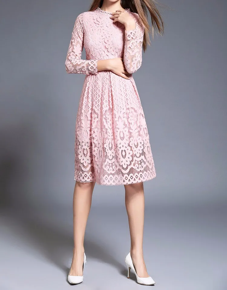 pink Long Sleeve Lace Mini Dress 
