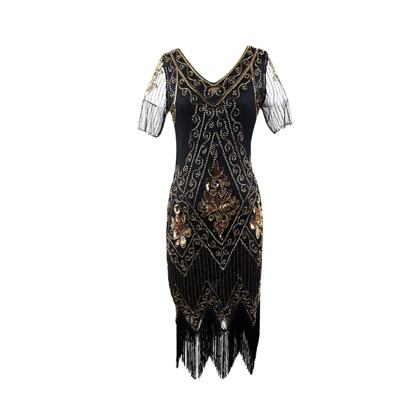 Черно-Золотое платье с коротким рукавом в стиле Грейт Гэтсби для латинских танцев, расшитое блестками платье для женщин, платье в стиле Чарльстон - Цвет: Черный