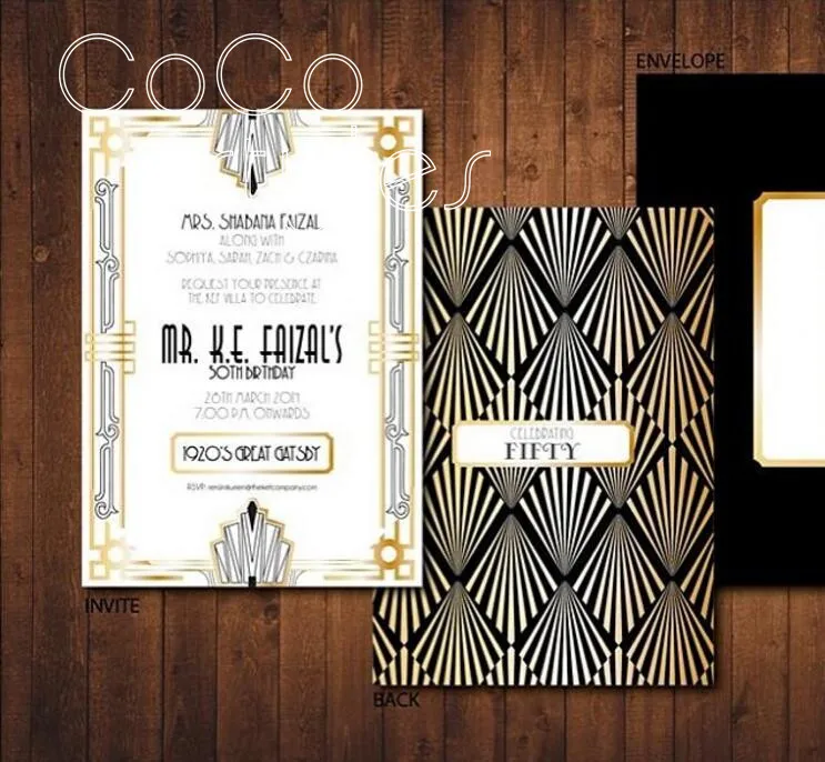 Cocostyles на заказ роскошные золотые фольги с черной печатью пригласительные карты с подходящим конвертом для Гэтсби свадебные приглашения