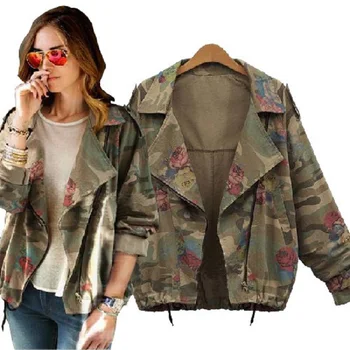 

2015 New Women's Camouflage Jackets Coat Zipper Denim Coats Army Green Outerwear S-2XL