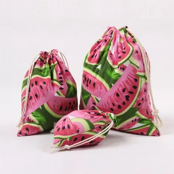 

3Pcs/set S M L Watermelon Canvas printing Accommodated Beam Port Cotton Bag Pouch Drawstring Gift Candy Bags
