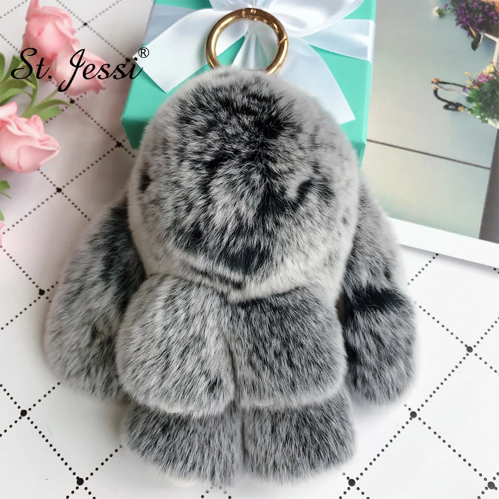 

18CM 100% Real Rabbit Fur Leather Cute Plush Bunny Rabbit Keychain Ladys Girls Bag Car Key Pompom Pendant Accessories Keyring