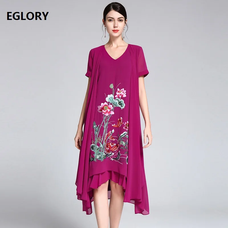 

One Piece Dress 2019 Spring Summer Brides Mother Women V-Neck Lurex Embroidery Short Sleeve Asymmetrical Purple Black Dress 4XL