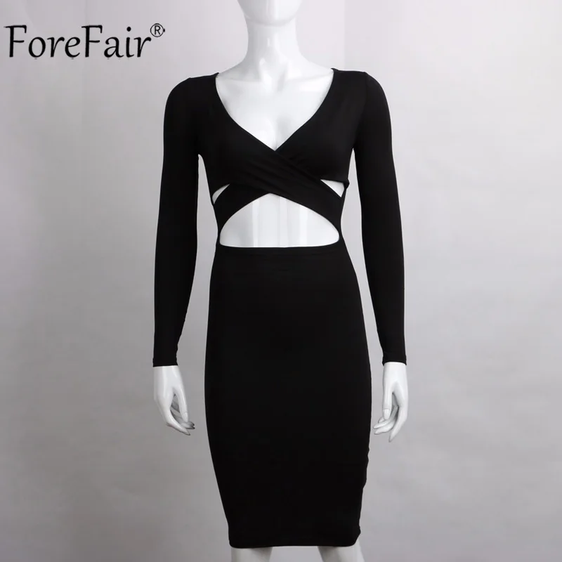 ForeFair с длинным рукавом Bodycon Midi Бандажное платье для женщин хлопок эластичные элегантные сексуальные платья белый черный красный Женское зимнее платье - Цвет: black dress