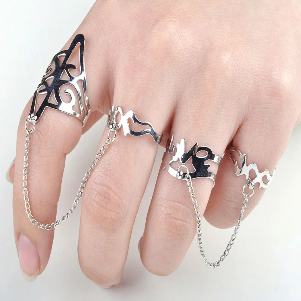 

10Pcs Wholesale Unique Gothic Punk Rings Retro Vintage Simple Chain Link Double Finger Ring Silver Color Alloy Women Rings