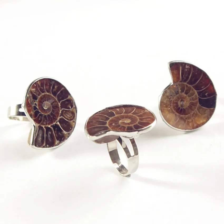 100-Unique Ethnic Style 1 Pcs Silver Plated Ammonite Reliquiae Adjustable Finger Ring Engagement Jewelry