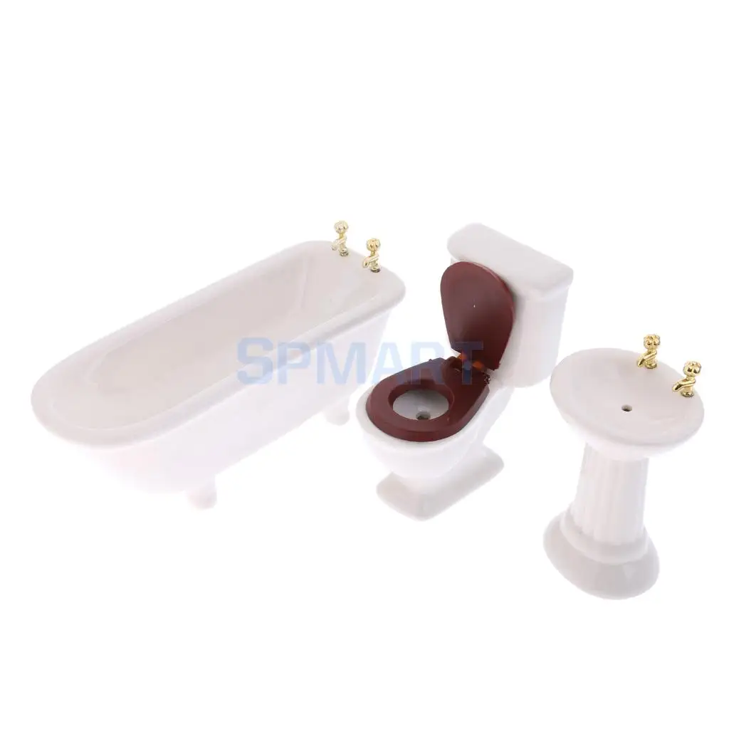 3Pcs 1/12 Scale Dollhouse Miniature White Ceramic Bathroom Bathtub Set Furniture Decoration Dolls Accessory Pretend Play Toys