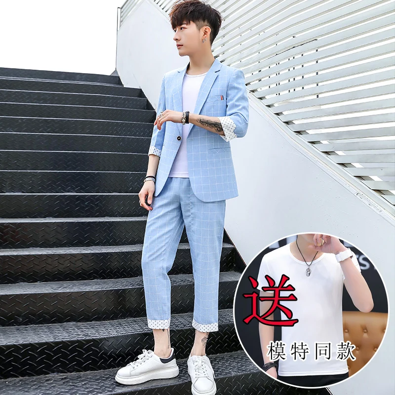 Новые модные летние мужские костюмы Slim Fit 3/4 рукав короткая куртка брюки 2 шт набор одна кнопка B36 - Цвет: 5