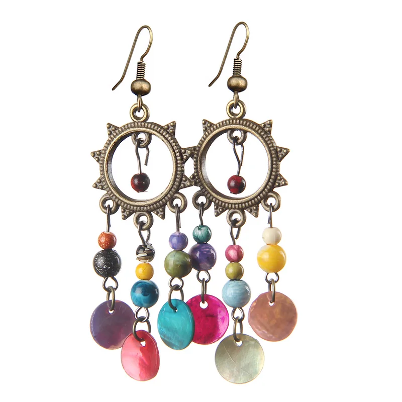 

Bohemia Style Natural Wood Beads Tassel Dangle Earrings Vintage Copper Color Shell Slice Earrings For Women