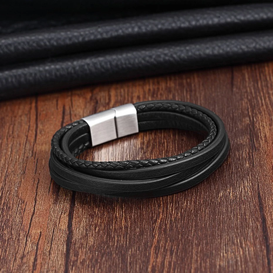 Cool Men Bracelet Stainless Steel Magnet Clasp Braid Real Leather Rope  Sport Style Chain Women Jewelry Dress Gift (7)