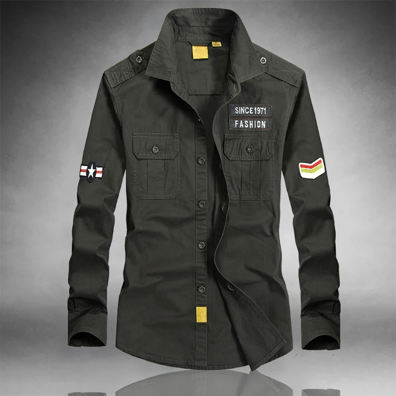 

Plus Size M-4XL High quality autumn men's military uniform style men Casual long sleeved shirt leisure long sleeved shirt