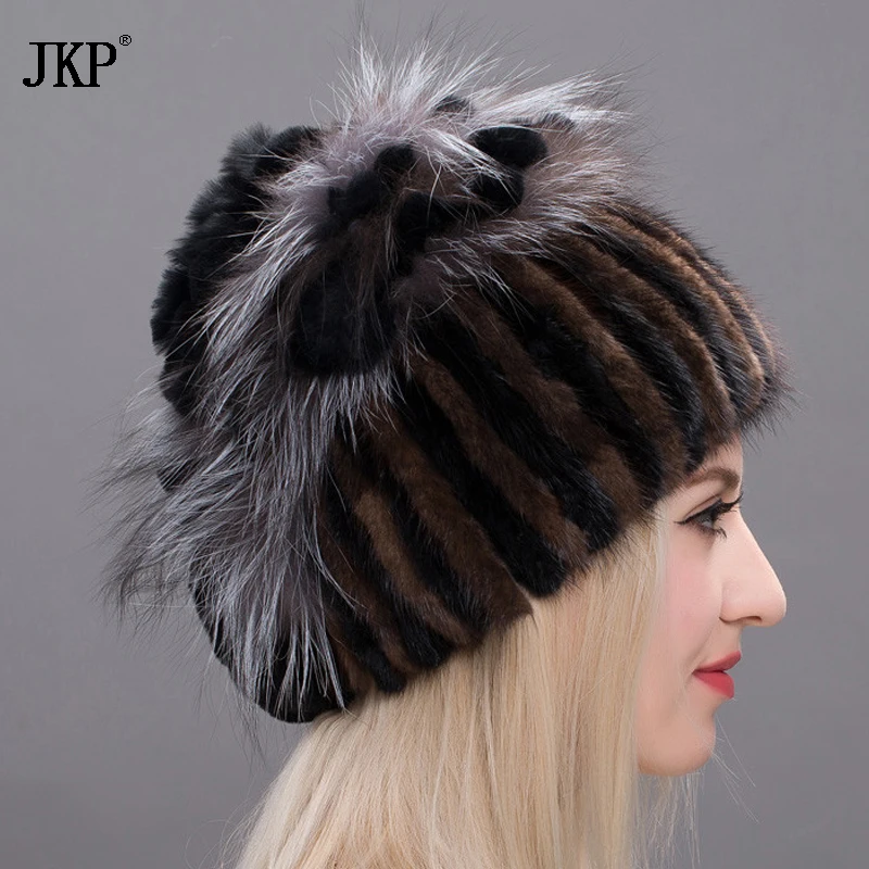 женская меховая шапка вязаная шапочка для женищи с помпоном кролик лисы помпон