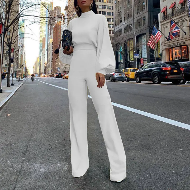 

Women's Autumn Latern Sleeve Mock Neck Jumpsuit 2019 Streetwear High Waist Jumpsits For Women Fashion Casual Work Overalls Lady
