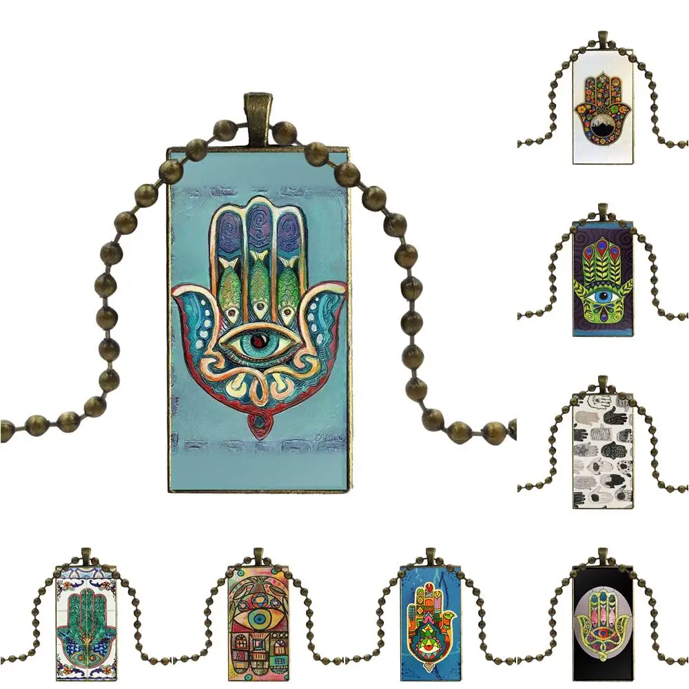 

EJ Glaze Hamsa Evil Eye Judaica Hand For Women Christmas Gift Glass Pendant Necklace Handmade Half Pendant Rectangle Necklace