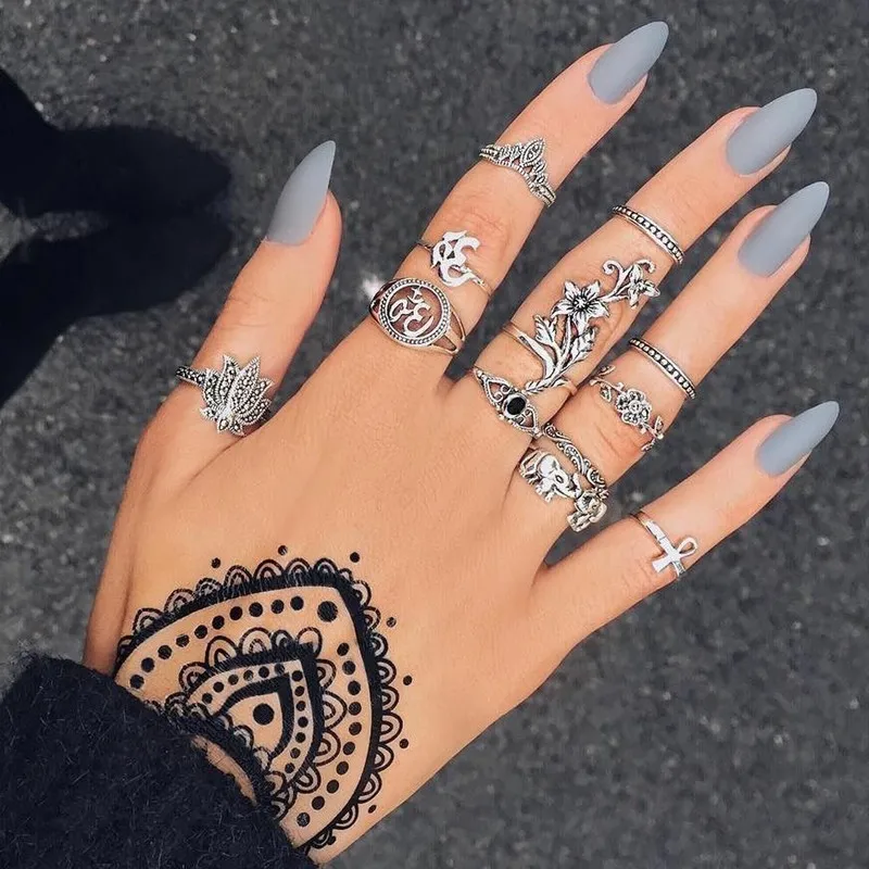 

Bohemian Silver 12 Pcs/set Women Rose Elephant Cross Crystal Lotus Yoga Joint Ring Set Party Birthday Jewelry Accessories