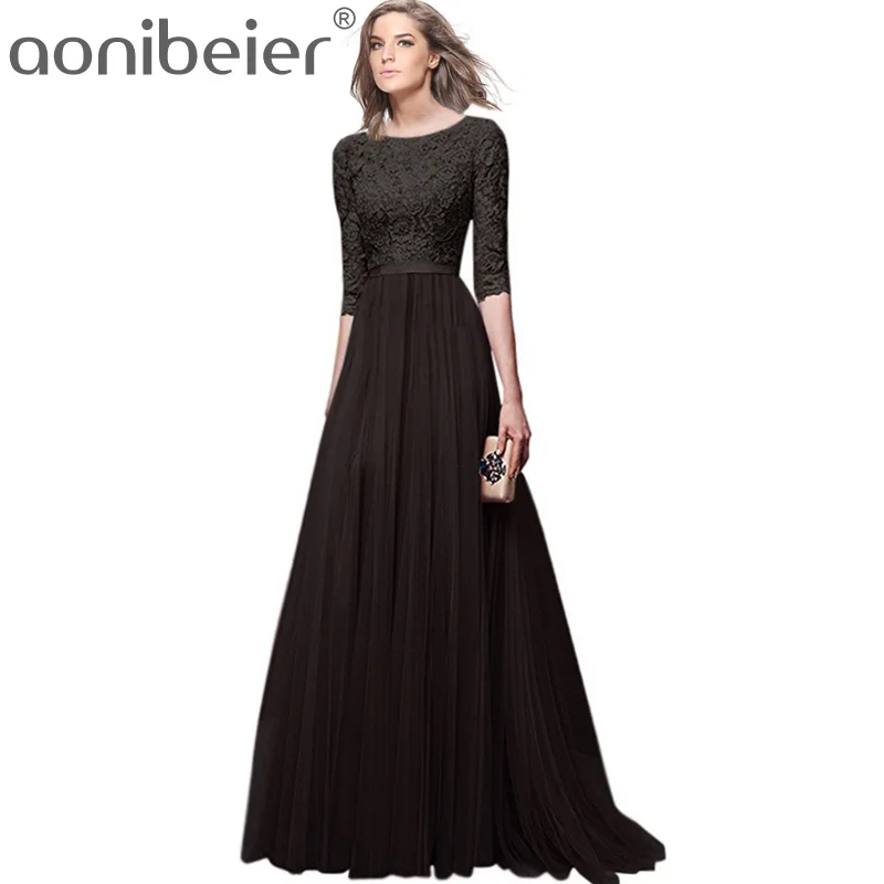 

Aonibeier Plus Size Jacquard Lace Top High Waist Maxi Dress 2018 Fashion Swing Mesh Dress Women Fit and Flare Dress Party Dress