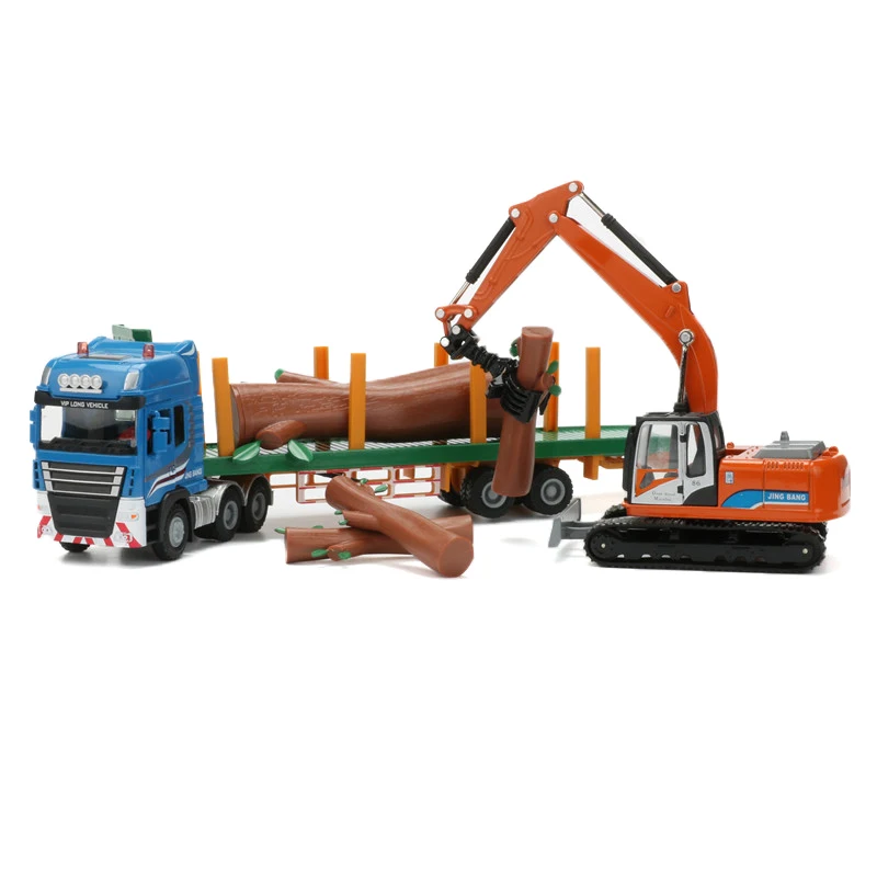 JINGBANG 1:50 2 pièces à plat remorque pince bois Machine jouet alliage bois Transport camion modèle enfants jouet camions