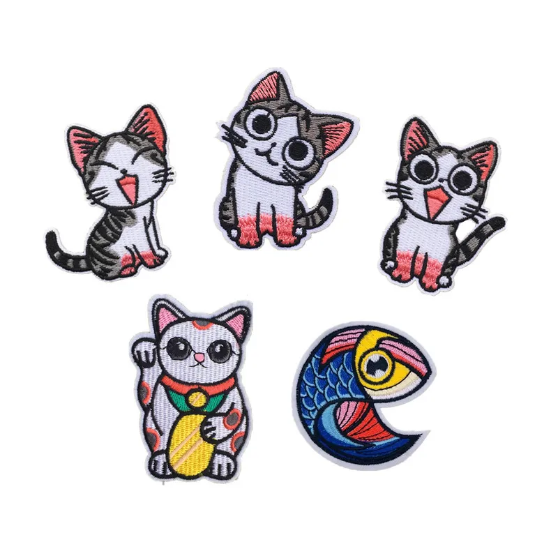 

Изысканный счастливый кот Kitty сочетание компьютер Вышивка Ткань наклейки самостоятельное украшение рыба тканевая наклейка D-021