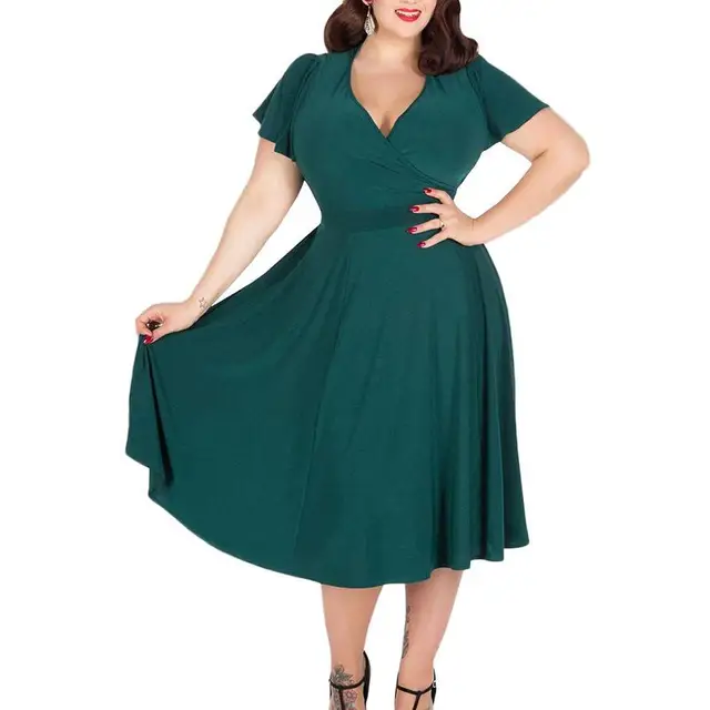 2017 5XL Plus Size Women Summer Dress Slim V Neck Short Sleeve Knee