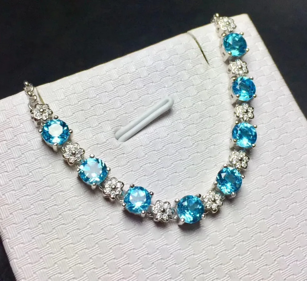 Bracelet en topaze bleue naturelle Bracelet en pierres précieuses naturelles S925 bracelet en argen