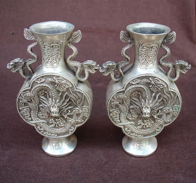

Chinese Silver Dynasty Dragons Animal Vase Bottle Vases a Pair