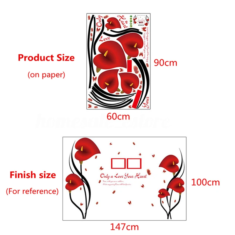 JX-LCLYL Removable Vinyl Red Love Flower Photo Frame Tree Wall Decal Sticker Home Decor