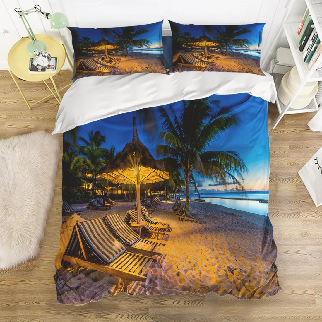 CHARMHOME Scenic Night Coconut Tree Beach Bedding Sets 4pcs Duvet Cover