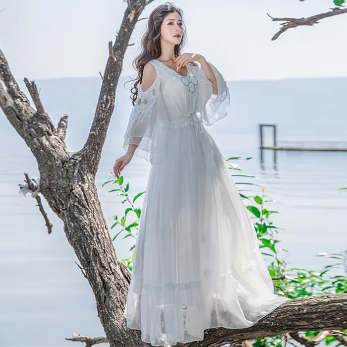 

Free ship 100%real fairy white chiffon flare sleeve beading victorian long dress medieval Renaissance princess /Marie Antoinette