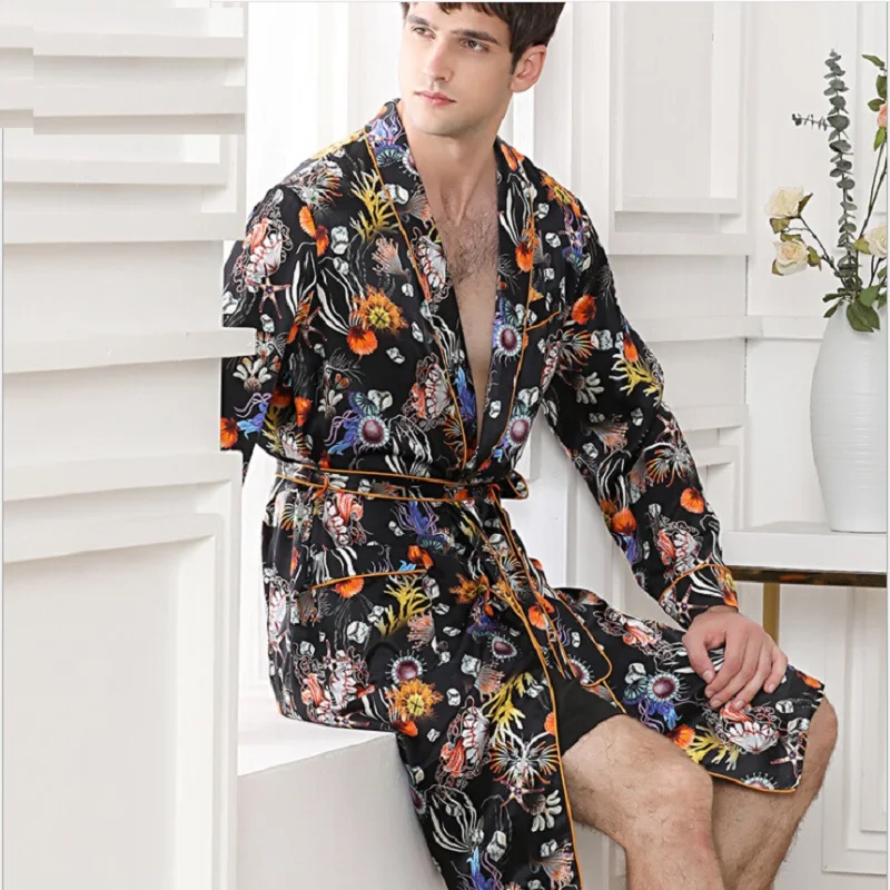 Шелковый халат для мужчин, сексуальная одежда, мужские халаты, шелковый халат с цветочным принтом, пижама с длинными рукавами, домашняя
