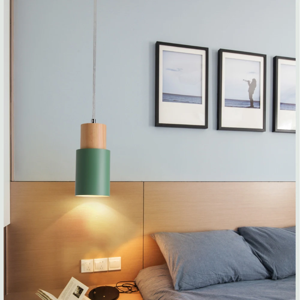  Designer Nordic simple Wood Pendant Lights led hang lamp Colorful Aluminum fixture Kitchen Island b - 32884493718