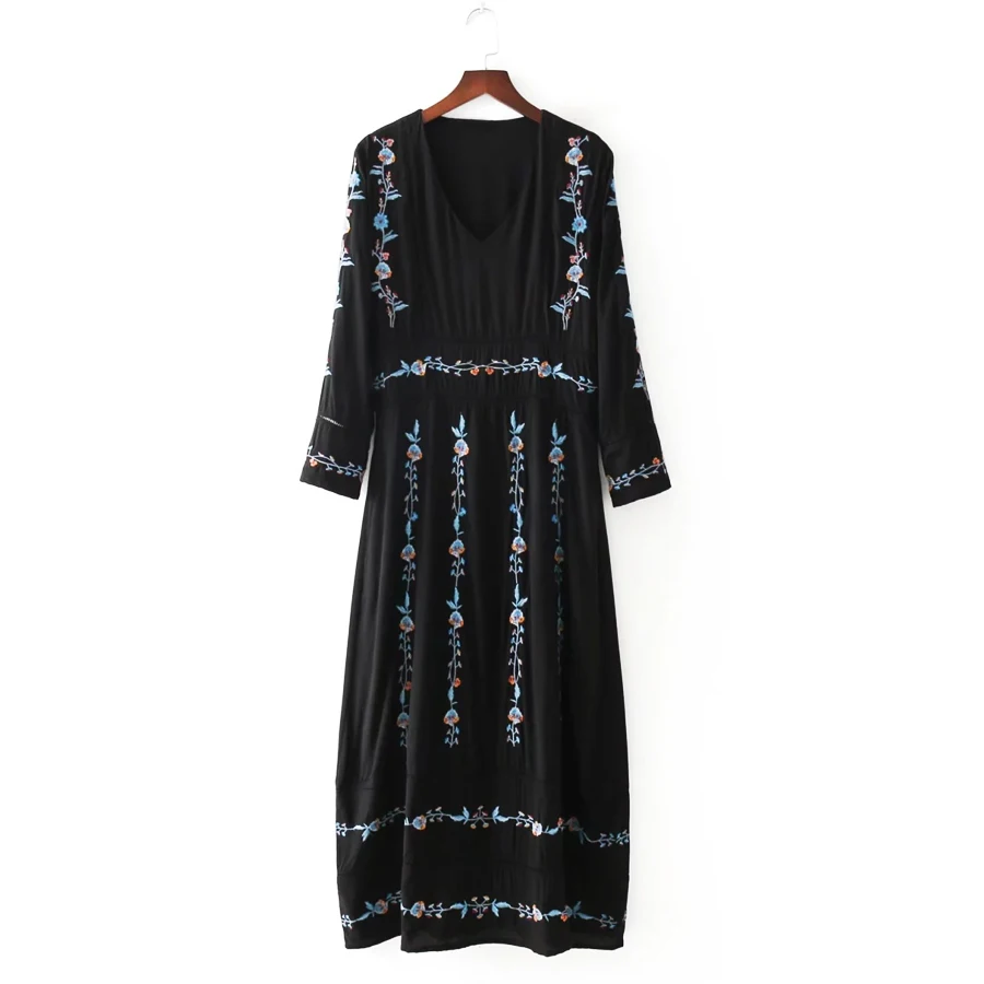 Boho черные длинные платья осень 2017 Цветочная вышивка платье запястье рукав v