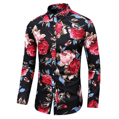 Осень Для мужчин легкий цветочный Рисунок рубашка с длинными рукавами модные брендовые вечерние праздничные повседневные платья с цветочным принтом Футболка Homme плюс Размеры 7XL - Цвет: 8211 black