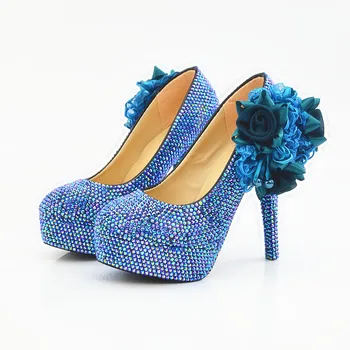 

Big Size AB Royal Blue Flowers Decor Custom Handmade Round Toe Waterproof Platform Wedding Sparkle Bling Bride High Heel Shoes