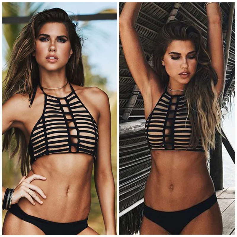 

Top quality Hollow stripe swimsuit Womens Padded Push-up Bikini Set Swimsuit Bathing Suit Swimwear Beachwear