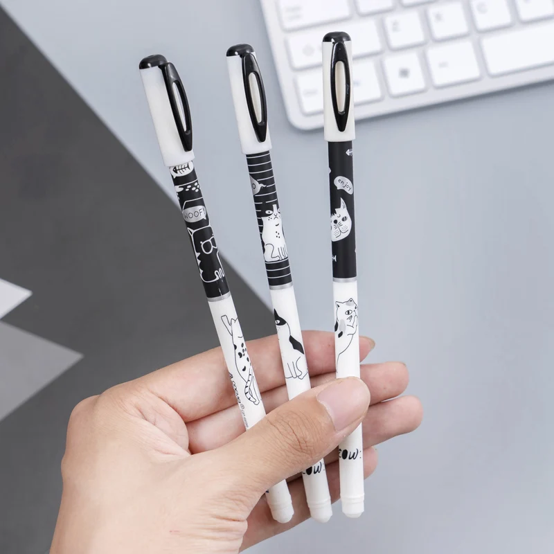 

3pcs/set Kawaii Black Spot Cat Loves Fish Gel Pen Rollerball Pen Writing Stationery School Office Supply