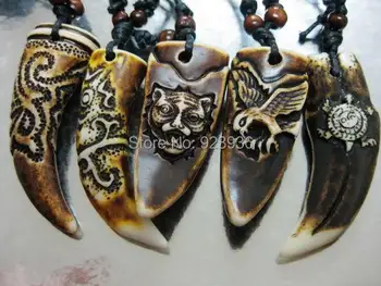 

FREE SHIPPING Lots 15 pcs HAND MADE Tibet Totem Yak Bone Carved Gothic Pendant&Necklace