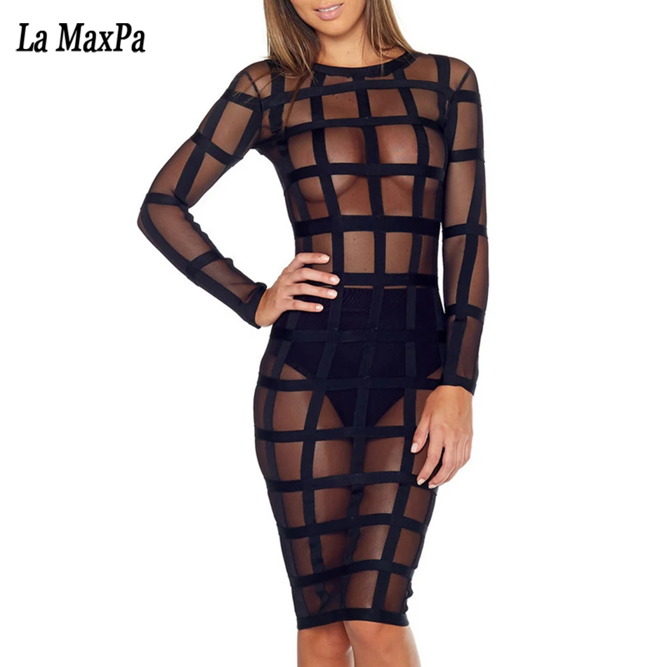 

2017 New Women Bodycon Dress Long Sleeve Bandage Dress Multicolor optional Red Black Mesh Evening Celebrity Party Dress