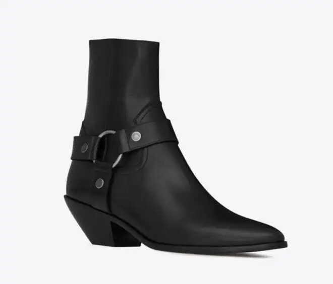 

New Autumn/Winter Black Genuine Leather Women Mid-calf Boots Strap Zip Pointed Toe Suede Strange Heel Fashion Shoes Female