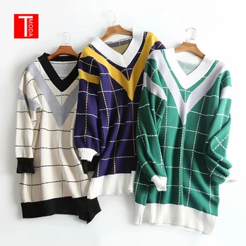 

2019 Autumn New Women Sweater Dress V Neck Loose Sweater and Pullover Jumpers Patchwork Plaid Long Sweaters Roupas Femininas