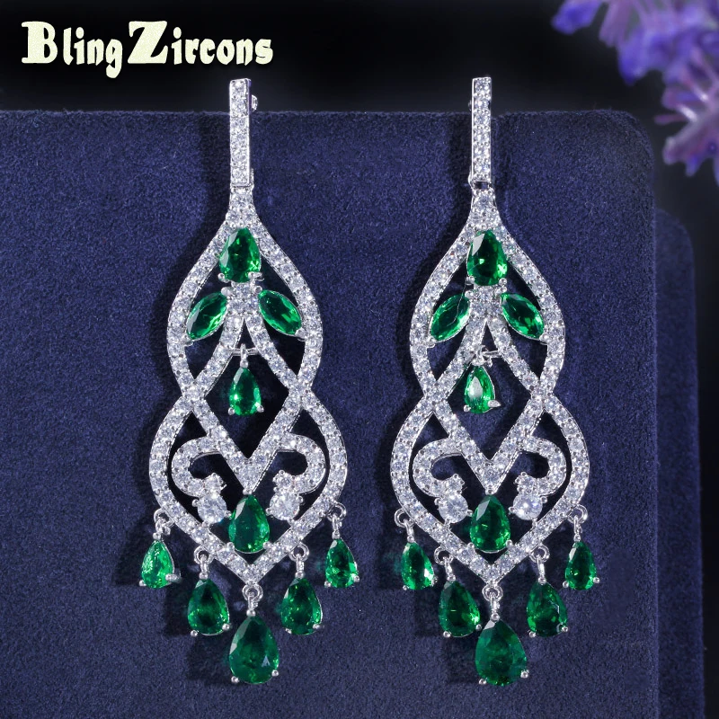 BlingZircons известный дизайнер для женщин ювелирные изделия благородный зеленый фианит длинные падение невесты Свадебная люстра серьги для невесты E049