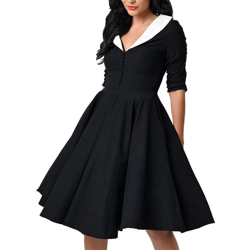 Retro Solid Dress Women Vintage Dress Plus Size Knee Length A Line