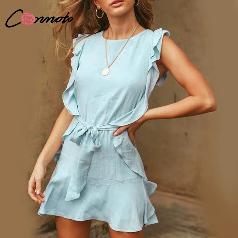 Conmoto Boho Ruffle Elegant Dress For Evening Short Casual Dress Bow Sleeveless Wine Red Women Party Dress Vestidos
