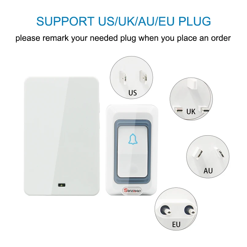 Saful Wireless Doorbell 25-110dB Adjustable Push Button EU/AU/US/UK Plug Waterproof Battery Electric Smart Home Chime Door Bell Saful Wireless Doorbell 25-110dB Adjustable Push Button EU/AU/US/UK Plug Waterproof Battery Electric Smart Home Chime Door Bell