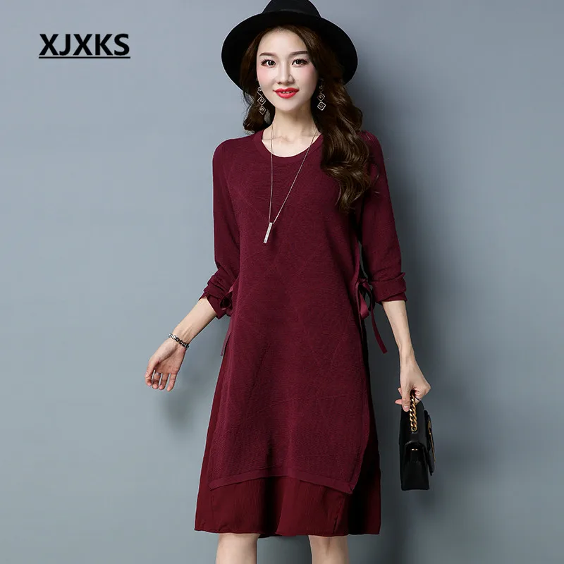

XJXKS Womens Sweater Dress 2018 Solid Fashion Elegant Knit Dresses Bow Slim Knee Sweaters Dress Spring And Autumn Vestidos