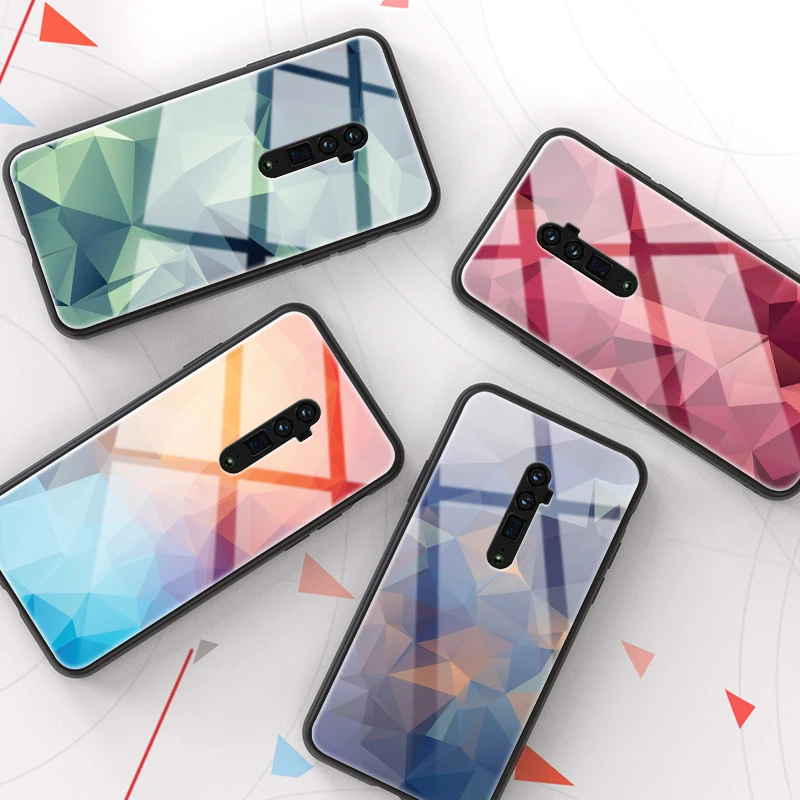 

Tempered Glass Phone Case For OPPO Realme X Realme Lite Reno10X RenoZ K3 Luxury Colorful Geometric Back Cover