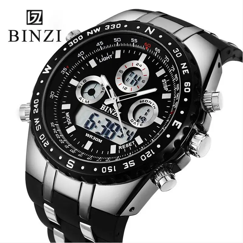 BINZI, роскошные Брендовые спортивные наручные часы, мужские военные водонепроницаемые цифровые часы, силиконовый светодиодный, электронные мужские наручные часы - Цвет: Black
