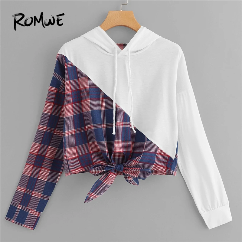  ROMWE Knot Front Plaid Hooded Sweatshirt Women Clothes 2019 Autumn Fashion Casual Long Sleeve Cloth