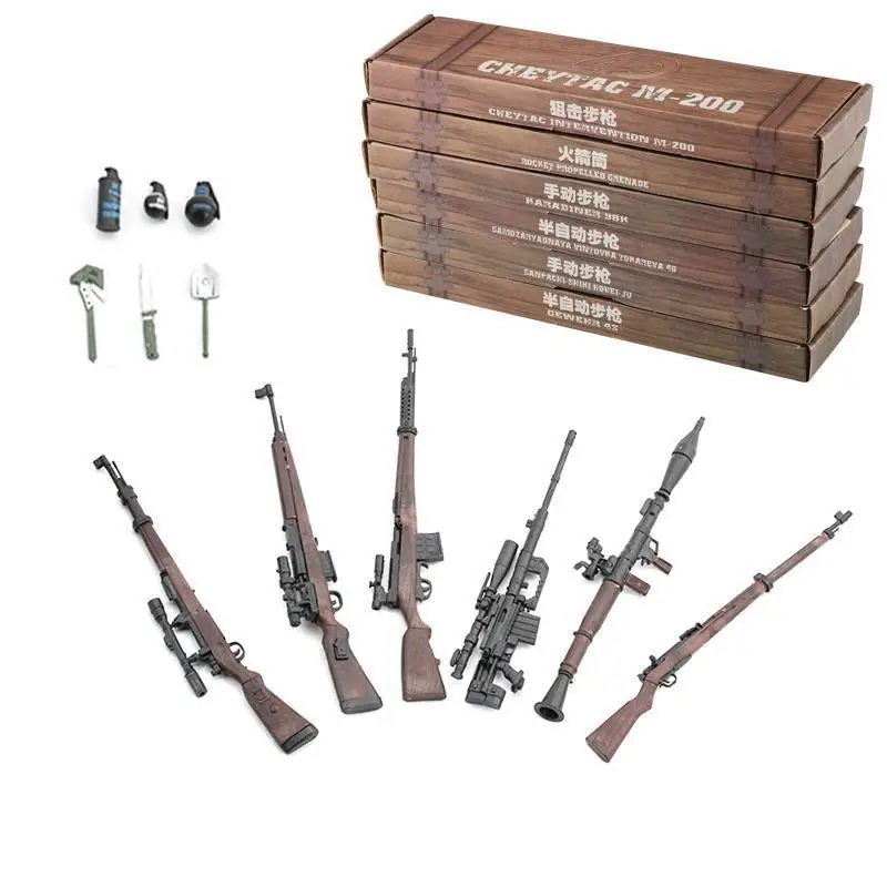 

6Pcs 4D Finished Product WWII Weapon 38 Rifle SVT RPG G43 98K Rifle Include Smoke Bomb Dagger Plastic Gun For 12" Soldiers