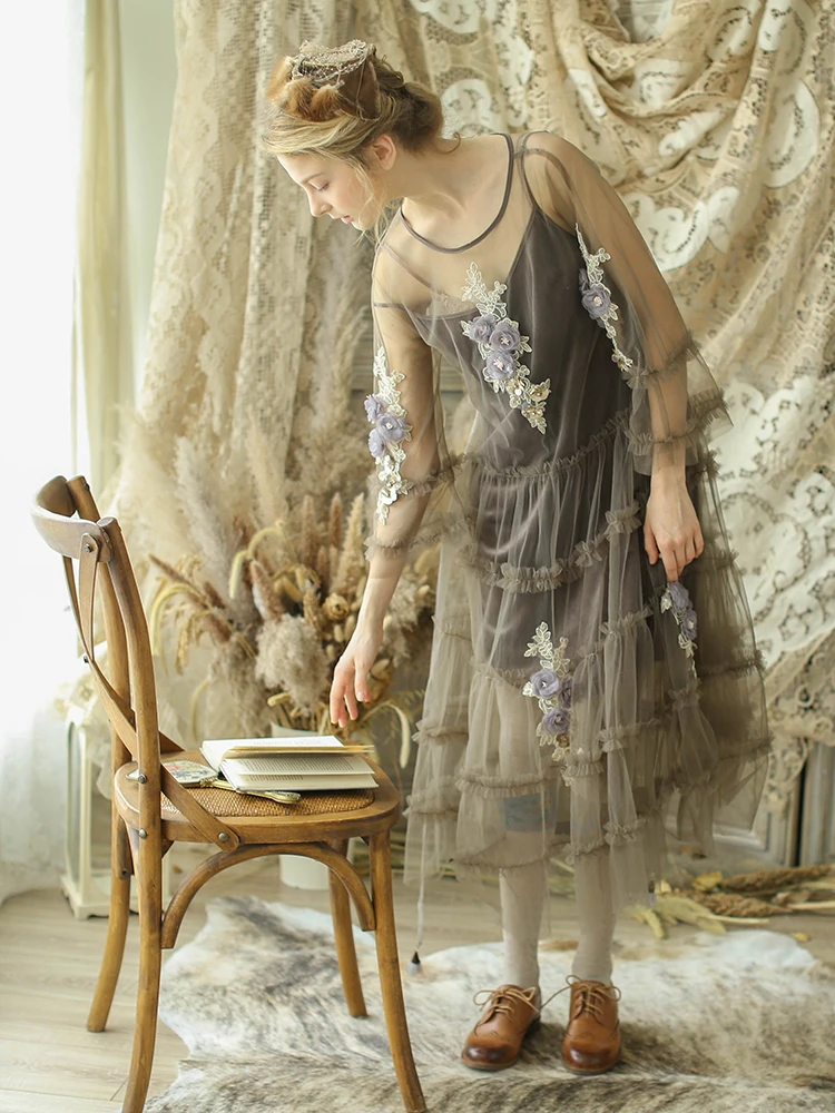 

LYNETTE'S CHINOISERIE Spring Autumn New Original Design Women Dimentional Flower Mori Girls Vintage Mesh Dresses